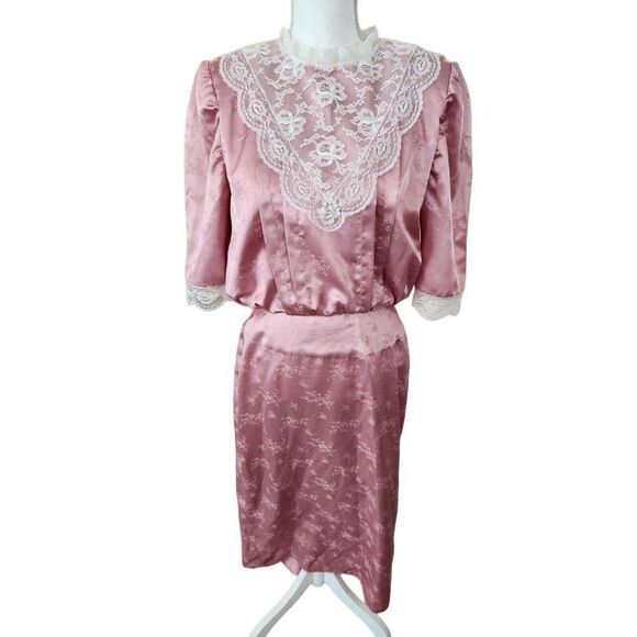 Vintage 80s Pink Satin Long Sleeve Midi Lace Bib Dress S Cottage Victorian - Picture 1 of 5